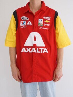 NASCAR Hendrick Motorsports Dale Jr. Red Logo Spellout Racing Button Shirt XL